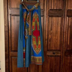 Wide leg maxi skirt, heavy denim, multi color accents